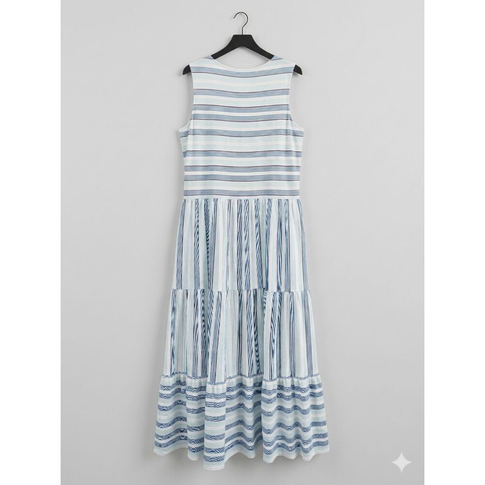 LANDS END Sleeveless Tiered Striped Blue Aqua Cotton Blend Maxi Dress Large - Picture 5 of 5